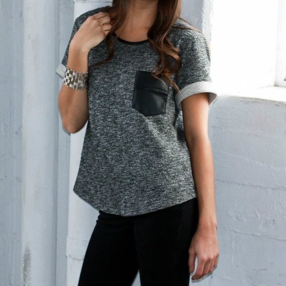 Black Vegan Leather Pocket Sweatshirt Top - Picture 2 of 7